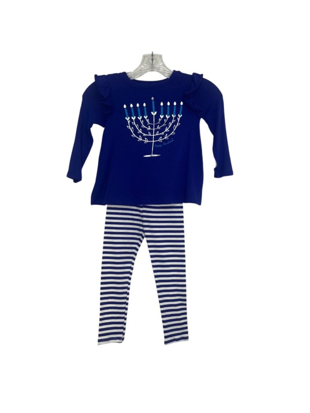 Cat & Jack Hanukkah 2 Piece Outfit 12 Months Blue New Menorah Print Striped Legg